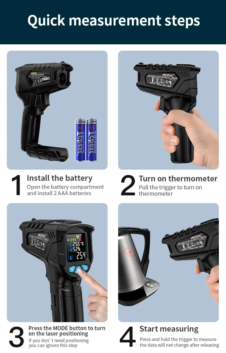 Mestek Digital Infrared Thermometer -50°C to 800°C Non-Contact Laser Temperature Gun