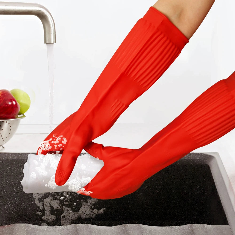 Silicone Dishwashing Gloves with Built-in Scrubber - Extended Length Kitchen Cleaning Gloves