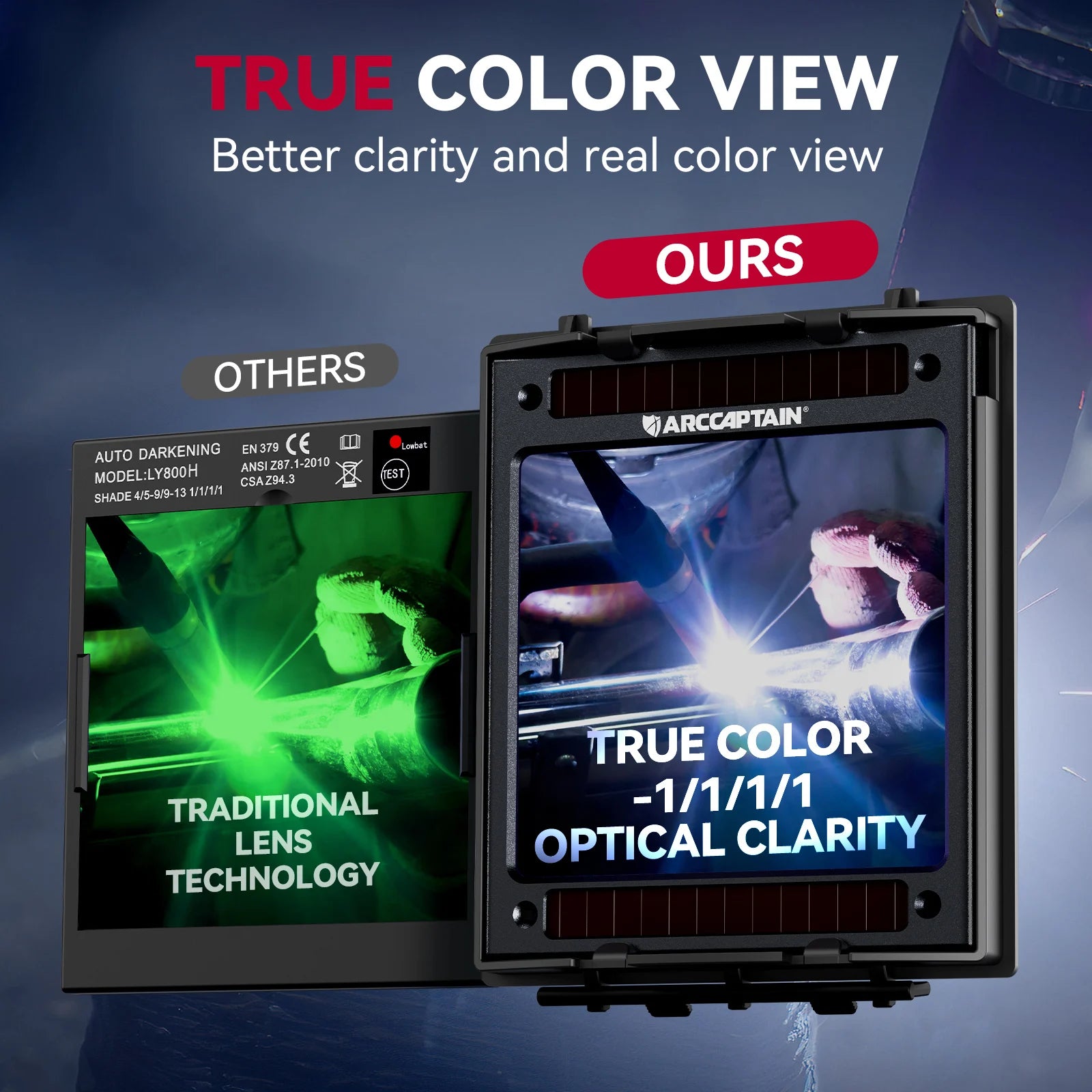 ARCCAPTAIN Auto-Darkening Welding Helmet with LED Light - 4 Arc Sensors True Color