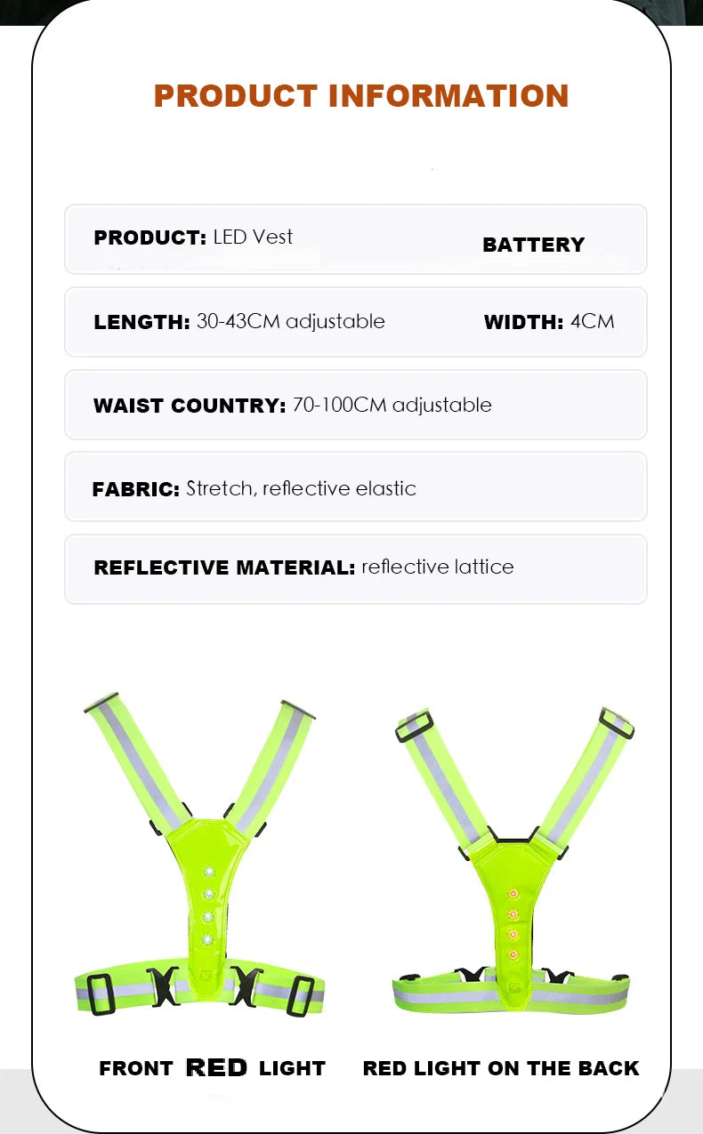 LED Safety Reflective Vest - Adjustable Running Cycling Night Visibility Vest