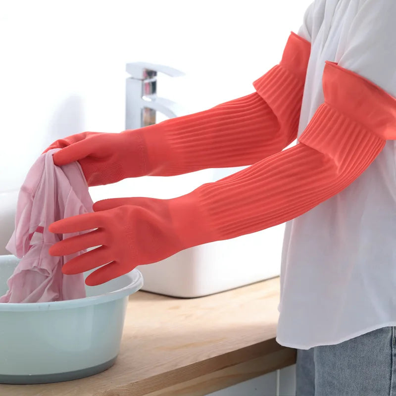 Silicone Dishwashing Gloves with Built-in Scrubber - Extended Length Kitchen Cleaning Gloves